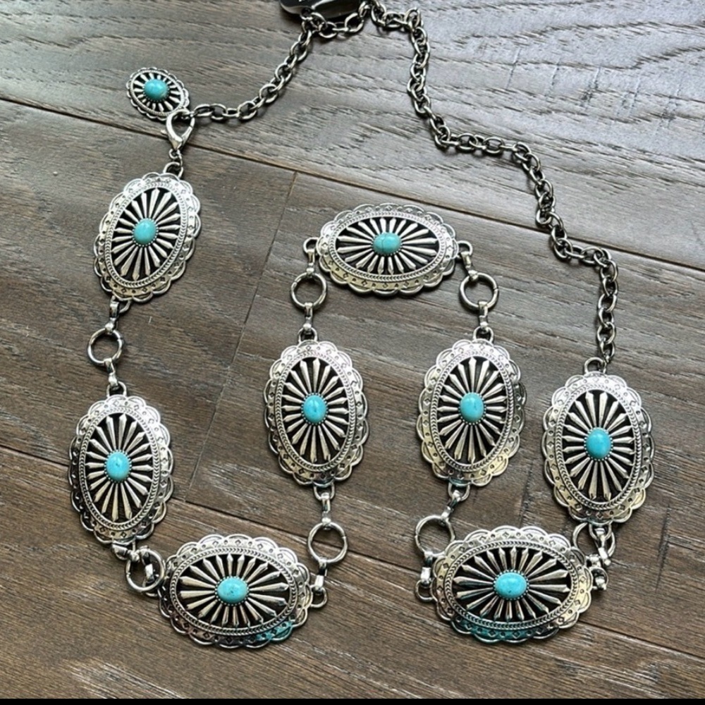 American Bison Western Chain Belt,oval silver tone conchos,faux turquoise stones